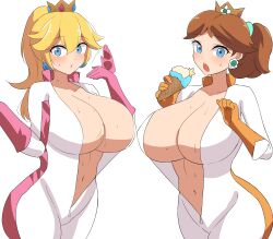 absurdres blonde_hair blue_eyes bodysuit breasts brown_hair collarbone crown earrings eating food highres ice_cream jewelry large_breasts looking_at_viewer mario_(series) mario_kart mario_kart_world mistynight navel nintendo ponytail princess_daisy princess_peach simple_background sweatdrop unzipped white_background