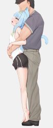 1girl absurdres animal_ears aqua_hair bare_legs barefoot black_shorts breasts bulge cat_ears cat_girl cat_tail faceless faceless_male from_side full_body futa_with_male futanari green_eyes grey_shirt hairband height_difference highres hug hug_from_behind jelly_hoshiumi long_hair male_on_futa open_mouth pants phase_connect profile shirt shorts sleepypudding sleeveless sleeveless_shirt small_breasts standing_on_another&#039;s_feet tail white_shirt