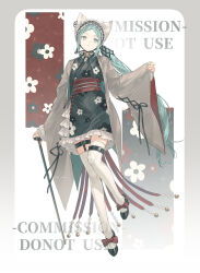 Rule 34 | absurdres, animal ear hairband, animal ears, aqua eyes, aqua hair, aqua jacket, bell, belt, black shoes, block heels, border, bow, cane, cat ear hairband, cat ears, chin strap, cross-laced clothes, cross-laced sleeves, fake animal ears, floral background, floral print, floral print kimono, footwear bow, forehead, frilled hairband, frilled kimono, frilled sleeves, frills, full body, garter straps, grey border, grey jacket, hairband, haori, headdress, high heels, highres, holding, holding cane, jacket, japanese clothes, kimono, long hair, long sidelocks, neck bell, obi, obijime, original, print kimono, red bow, red ribbon, red sash, red sleeves, ribbon, ribbon earrings, sash, shoes, short kimono, side ponytail, sidelocks, sleeves past wrists, tacfigure, thigh belt, thigh strap, thighhighs, two-sided fabric, two-sided jacket, very long hair, watermark, white background, white headdress, white thighhighs