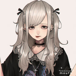 Rule 34 | 1girl, aegyo sal, biting own lip, black choker, black eyes, black ribbon, black shirt, choker, commentary request, cross, cross necklace, ear piercing, earrings, eyelashes, grey background, grey hair, hair ribbon, highres, jewelry, lace-trimmed choker, lace trim, latin cross, lipstick, long hair, long sleeves, looking at viewer, makeup, mano aaa, necklace, original, piercing, red lips, ribbon, shirt, short sleeves, solo, t-shirt, upper body