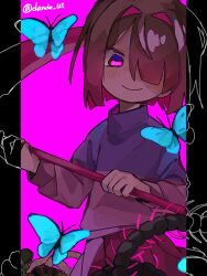 1girl alternate_universe bete_noire blue_butterfly bob_cut brown_hair bug butterfly closed_mouth dande_lion2604 film_grain glitchtale glowing glowing_butterfly glowing_eye hair_intakes hair_over_one_eye hashtag-only_commentary holding holding_scythe insect long_sleeves pillarboxed pink_background pink_eyes pink_skirt pink_sweater puffy_long_sleeves puffy_sleeves purple_sweater rope scythe short_hair simple_background skirt smile solo sweater turtleneck turtleneck_sweater two-handed two-tone_sweater undertale upper_body