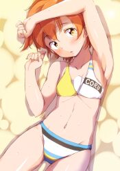 1girl arm_up armpits bikini blush breasts collarbone fingernails from_above gluteal_fold highres hoshizora_rin looking_at_viewer love_live! love_live!_school_idol_project lying navel on_back orange_hair parted_lips sen_(sen0910) shadow short_hair small_breasts solo swimsuit wet yellow_eyes