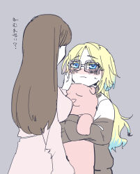 2girls blonde_hair blue_eyes blue_hair blush breasts brown_hair brown_shirt colored_tips dress fang fang_out fujishima_megumi fujishima_megumi_(summer_loungewear) glasses grey_background hand_on_another&#039;s_cheek hand_on_another&#039;s_face large_breasts link!_like!_love_live! long_hair long_sleeves looking_at_another love_live! mira-cra_park! multicolored_hair multiple_girls muma_(meganeltuko) nose_blush osawa_rurino osawa_rurino_(summer_loungewear) pink_dress shirt simple_background skin_fang standing stuffed_animal stuffed_dog stuffed_toy upper_body virtual_youtuber