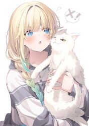 1girl absurdres aizawa_ema aizawa_ema_(4th_costume) angry animal blonde_hair blue_eyes blush braid cat drawstring gradient_hair hair_flaps hair_intakes highres holding holding_animal holding_cat hood hoodie multicolored_hair sideways_glance simple_background striped_clothes striped_hoodie upper_body v-shaped_eyebrows virtual_youtuber vspo! white_background yuzutouhu_ika