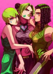 Rule 34 | 3girls, aqua eyes, aqua hair, arm on another&#039;s shoulder, bare shoulders, black hair, black pants, blue eyes, blue hair, braid, breasts, bun with braided base, commentary, curtained hair, double bun, dreadlocks, ermes costello, eyelashes, facial mark, foo fighters (jojo), forehead tattoo, green eyes, green hair, green lips, green overalls, green vest, hair bun, hand on another&#039;s waist, hand on own hip, hand on own stomach, head tilt, highres, jojo no kimyou na bouken, kuujou jolyne, looking at viewer, looking to the side, medium breasts, medium hair, multicolored hair, multiple girls, navel, overalls, pants, parted bangs, pink background, ribbed sweater, short hair, sleeveless, sleeveless sweater, small breasts, spider web print, stone ocean, sweater, togusa jj, turtleneck, turtleneck sweater, two-tone hair, vest, yellow sweater