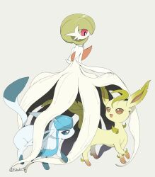 Rule 34 | animal focus, blue eyes, blue fur, blue sclera, bob cut, brown eyes, brown fur, brown sclera, closed mouth, colored sclera, colored skin, forked tail, fu 6uk, gardevoir, gen 3 pokemon, gen 4 pokemon, glaceon, green fur, green hair, hair over one eye, highres, leafeon, multicolored skin, nintendo, no humans, open mouth, pawpads, pokemon, pokemon (creature), pokemon focus, simple background, smile, tail, white skin, yellow fur