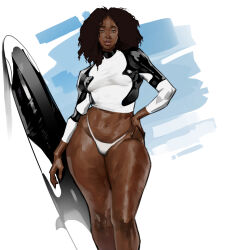 1girl absurdres bikini bikini_bottom_only black_hair black_shirt dark-skinned_female dark_skin hand_on_own_hip highres long_hair looking_at_viewer magicmoonsarts navel original shirt solo surfboard swimsuit tasha_(magicmoonsarts) two-tone_shirt very_dark_skin white_shirt