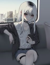 Rule 34 | 1girl, absurdres, bags under eyes, black choker, black hair, black jacket, breasts, building, choker, cleavage, closed mouth, collar, collarbone, collared jacket, dress, earrings, gradient hair, grey hair, grey shorts, hair between eyes, hands up, heart, heart choker, heart o-ring, highres, jacket, jewelry, light smile, long hair, long sleeves, multicolored hair, multiple earrings, multiple rings, nail polish, o-ring, o-ring top, open clothes, open jacket, original, purple eyes, ring, shirt, shorts, sidelocks, simple background, sleeves rolled up, solo, thigh strap, train interior, tyrezal, white hair, white shirt