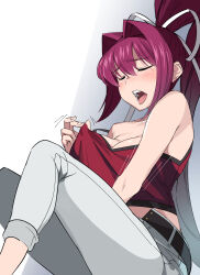 1girl bare_shoulders blush breasts cleavage closed_eyes commentary denim high_ponytail highres implied_fingering large_breasts legs masturbation moaning nipple_stimulation nipple_tweak open_mouth pants ponytail purple_hair red_tank_top simple_background sitting solo tank_top teeth thighs tongue touniyuu under_night_in-birth white_pants yuzuriha_(under_night_in-birth)