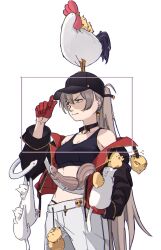 1girl animal animal_on_head azur_lane baggy_pants bare_shoulders baseball_cap bird black_choker black_headwear black_jacket cat chicken choker closed_mouth crop_top earrings gloves hair_between_eyes hair_through_headwear hand_on_headwear hand_up hat hatski.sin high_ponytail highres holding holding_animal jacket jean_bart_(azur_lane) jewelry light_brown_hair long_hair long_sleeves manjuu_(azur_lane) midriff multicolored_jacket off_shoulder on_head open_clothes open_jacket pants ponytail red_gloves red_jacket rooster simple_background snake squirrel two-tone_jacket white_background white_cat