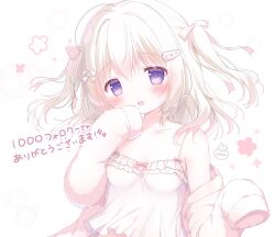 1girl :d absurdres bare_shoulders blush bow breasts brown_hair camisole cleavage collarbone dress fang hair_between_eyes hair_bow hair_ornament hair_ribbon hairclip hand_up hands_up happy_birthday heart highres jacket long_hair long_sleeves looking_at_viewer medium_breasts off_shoulder one_side_up open_clothes open_jacket open_mouth original pink_jacket purple_eyes ribbon shirt simple_background sleeveless sleeves_past_wrists small_breasts smile solo twintails two_side_up upper_body usami_cocoa white_background white_dress white_shirt
