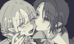 2girls @_@ biting biting_cheek blush chinese_commentary commentary_request fang guiltyskullu highres holding_hands monochrome multiple_girls naoi_(zenbu_kowashite_jigoku_de_aishite) one_eye_closed open_mouth pointy_ears short_hair vampire yoshizawa_kurumi yuri zenbu_kowashite_jigoku_de_aishite