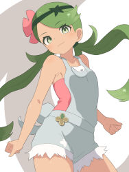 1girl clenched_hands closed_mouth collarbone commentary_request eyelashes floating_hair flower green_eyes green_hair green_headband grey_overalls hair_flower hair_ornament headband hiyoshipow long_hair mallow_(pokemon) nintendo overalls pink_flower pink_shirt pokemon pokemon_sm shirt smile solo swept_bangs twintails