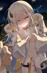 1boy 1girl absurdres blush breasts chunithm coat cum cum_in_pussy hair_ornament hetero highres lena_ishmael long_hair naked_coat navel nipple_stimulation nipple_tweak nipples object_insertion open_mouth purple_eyes pussy pussy_juice sex sex_toy small_breasts solo_focus taktalfine tears thighhighs vaginal white_hair