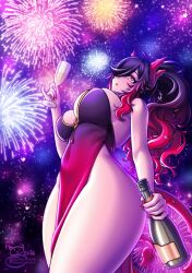 1girl bare_hips bare_legs black_hair bottle breasts cup curvy demon_girl demon_horns demon_tail dress drinking_glass fireworks from_side gradient_eyes gradient_hair heart heart-shaped_pupils highres horns large_breasts long_hair multicolored_eyes multicolored_hair nail_polish open_mouth orange_eyes original outdoors pink_eyes ponytail red_dress red_hair sevie solo suco_(sevie) symbol-shaped_pupils tail thick_thighs thighs wide_hips wine_bottle wine_glass yellow_eyes
