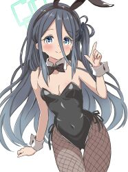 1girl absurdres alternate_costume animal_ears aris_(blue_archive) black_bow black_leotard blue_archive blue_eyes bow bowtie breasts covered_navel cowboy_shot detached_collar fake_animal_ears fishnets game_development_department_(blue_archive) hair_between_eyes highres leotard long_hair looking_at_viewer ohana._(user_jhpk8322) pantyhose playboy_bunny rabbit_ears side-tie_leotard small_breasts smile solo strapless strapless_leotard thigh_gap white_background wrist_cuffs