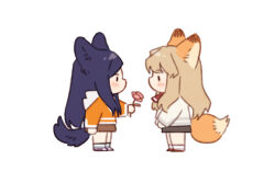 2girls animal_ears blue_hair blush brown_hair brown_skirt chibi chibi_only commentary dog_ears dog_girl dog_tail flower fox_ears fox_girl fox_tail fujino_shizuru fuuka_academy_school_uniform guri_gom holding holding_flower jacket kemonomimi_mode kuga_natsuki long_hair multiple_girls my-hime orange_jacket pink_flower school_uniform simple_background skirt tail white_background white_jacket