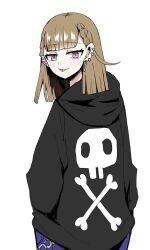 Rule 34 | 1girl, :p, alternate costume, black hoodie, blue pants, blush, braid, brown hair, center-flap bangs, closed mouth, commentary, delinquent, ear piercing, earrings, hands in pockets, highres, hood, hoodie, jewelry, kachimachi kosuzu, link! like! love live!, long hair, looking at viewer, looking back, love live!, pants, piercing, pink eyes, rikku ito, side ahoge, side braids, simple background, smile, solo, straight hair, tongue, tongue out, virtual youtuber, white background