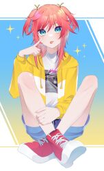 1girl :p absurdres akanbe blue_eyes blue_shorts blush closed_mouth commentary_request crossed_ankles drawstring eyelid_pull finger_to_eye full_body gradient_background hair_ribbon hand_on_own_leg highres hood hood_down hoodie long_hair looking_at_viewer oji_(zeit_ff5f00) open_clothes open_hoodie pink_hair print_shirt red_shoes ribbon shirt shoes shorts sitting sneakers solo sparkle tongue tongue_out two-tone_hoodie two_side_up v-shaped_eyebrows wang_xue white_shirt world_dai_star yellow_hoodie yellow_ribbon
