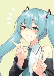 1girl blue_eyes blue_hair blush collared_shirt commentary_request detached_sleeves double_v grin hair_ornament hatsune_miku highres long_hair long_sleeves looking_at_viewer necktie shirt sleeveless sleeveless_shirt smile solo twintails upper_body v vocaloid yellow_background zooanime