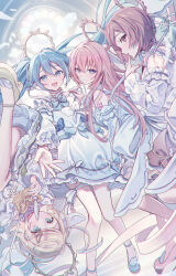 4girls absurdres aqua_eyes aqua_hair blonde_hair blue_eyes blush bow brown_hair commentary_request detached_sleeves dress eyelashes hair_between_eyes hair_bow hair_ornament hairclip halo hatsune_miku highres kagamine_rin long_hair looking_at_viewer megurine_luka meiko_(vocaloid) multiple_girls open_mouth pale_color pink_hair project_sekai ribbon short_hair shoulder_tattoo skirt sleeveless smile tattoo thigh_strap twintails very_long_hair vocaloid vs0mr