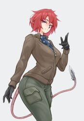 1girl animal_ears black_gloves blue_eyes brown_jacket commission commissioner_upload gloves green_pants highres jacket looking_at_viewer mouse_ears mouse_tail nikoro_kusev non-web_source original pants red_hair short_hair solo standing tail zap-nik