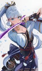 1girl absurdres armor ayaka_(genshin_impact) blue_eyes blue_hair blue_hakama blue_petals blunt_bangs breastplate breasts cleavage closed_mouth commentary cowboy_shot falling_petals genshin_impact hair_ribbon hakama higashiwun_izumi highres holding holding_sword holding_weapon japanese_clothes light_blue_hair long_hair looking_at_viewer medium_breasts mistsplitter_reforged_(genshin_impact) petals ponytail red_ribbon ribbon simple_background sword tress_ribbon weapon white_background