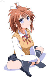 Rule 34 | 1girl, absurdres, artist name, blush, breasts, closed mouth, cynical (llcbluckg c004), dot nose, hair between eyes, highres, koshigaya natsumi, long sleeves, looking at viewer, medium hair, no shoes, non non biyori, red hair, school uniform, shirt, sitting, small breasts, socks, sweater vest, white background, white shirt, yellow sweater vest