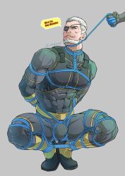 2boys abs arms_behind_back artist_name bara batman_(series) beard belt black_bodysuit bodysuit boots bound bound_ankles bound_arms bound_legs bound_wrists bulge covered_abs dc_comics deathstroke dick_grayson evinist eyepatch facial_hair highres large_pectorals male_focus multiple_boys muscular muscular_male nightwing one_eye_covered pectorals sarashi short_hair slade_wilson smile solo_focus squatting taut_bodysuit taut_clothes teen_titans teeth white_hair yaoi