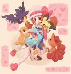 1girl black_shirt blush bow brown_eyes brown_hair commentary creatures_(company) game_freak gen_1_pokemon gen_2_pokemon hat heart looking_down lyra_(pokemon) meowth murkrow nintendo okamori_kuo open_mouth overalls pichu pink_eyes pink_shoes pokemon pokemon_(creature) pokemon_hgss ribbon sandshrew shirt shoes smile socks teeth totodile twintails vulpix white_hat white_socks wings
