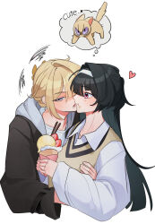 2girls absurdres animalization astra_yao black_hair black_jacket blonde_hair closed_mouth collared_shirt commentary crepe evelyn_chevalier food food_on_face hair_bun hair_intakes hairband heart highres holding holding_crepe holding_food hug jacket long_sleeves mizmizu27 multiple_girls open_mouth purple_eyes shirt simple_background speech_bubble sweater_vest symbol-only_commentary thought_bubble white_background white_hairband white_shirt yellow_sweater_vest yuri zenless_zone_zero