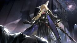 1girl animal_ears arknights black_jacket blonde_hair closed_mouth fox_ears fox_girl fox_tail game_cg highres holding holding_sword holding_weapon jacket long_hair long_sleeves non-web_source notched_ear orange_eyes solo sword tail vulpisfoglia_(arknights) weapon