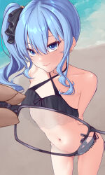 1girl 1other absurdres alternate_costume arms_behind_back asymmetrical_sidelocks bare_shoulders beach bikini black_bikini blue_eyes blue_hair blue_ribbon closed_mouth commentary criss-cross_halter day double-parted_bangs earrings frilled_bikini frills hair_between_eyes hair_ribbon halterneck highres holding holding_removed_eyewear hololive hoshimachi_suisei jewelry looking_at_viewer medium_hair navel outdoors pov ribbon side-tie_bikini_bottom side_ponytail smile solo_focus standing star_(symbol) star_earrings star_in_eye stomach swimsuit symbol_in_eye unworn_eyewear virtual_youtuber zellam