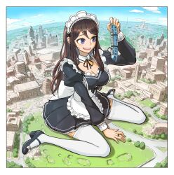 Rule 34 | 1girl, :d, absurdres, apron, between legs, breasts, brown hair, building, city, cleavage, cloud, commentary, dattosan, detached sleeves, english commentary, giant, giantess, hand between legs, highres, holding, juliet sleeves, lace, lace-trimmed thighhighs, lace trim, long hair, long sleeves, maid, maid apron, maid headdress, mary janes, medium breasts, open mouth, original, pleated skirt, puffy sleeves, purple eyes, shoe print, shoes, sitting, skirt, sky, smile, solo, teeth, thighhighs, train, upper teeth only, wariza, white thighhighs