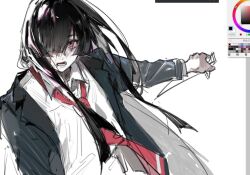 1other black_coat black_hair coat collared_shirt hair_over_one_eye jingshenhuanghu lcb_uniform_(project_moon) limbus_company long_hair long_sleeves looking_at_viewer necktie original project_moon red_necktie shirt simple_background solo very_long_hair white_background white_shirt