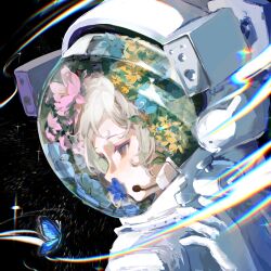 1girl blue_butterfly blue_flower brown_eyes bug butterfly chinese_commentary close-up commentary_request flower flower_over_mouth headset helmet highres insect looking_at_animal mian_weijin pink_flower reverse:1999 solo space space_helmet spacesuit upper_body vertin_(reverse:1999) white_hair yellow_flower