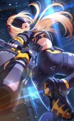 1girl aiming aiming_at_viewer ass black_blindfold black_gloves black_pants black_shrug blindfold blonde_hair fingerless_gloves gloves gun highres holding holding_gun holding_weapon long_hair long_sleeves looking_back noro_assumed open_mouth pants parted_lips shrug_(clothing) solo tight_clothes tight_pants trigger_(zenless_zone_zero) weapon zenless_zone_zero