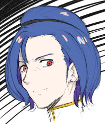 1boy bad_end blue_hair closed_mouth collared_shirt colored_inner_hair commentary_request cosplay gundam gundam_gquuuuuux kei_jiei looking_at_viewer military_uniform multicolored_hair paptimus_scirocco paptimus_scirocco_(cosplay) purple_hair red_eyes reveal science_fiction shirt shuji_ito smile titans_(gundam) two-tone_hair zeta_gundam