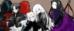 3boys 3girls :&gt; aislan angelica_(project_moon) argalia_(project_moon) black_gloves black_hair black_shirt black_sweater blue_eyes blue_hood blue_jacket book brown_background facing_away gloves gradient_hair grey_hair grey_jacket highres holding holding_book iori_(project_moon) jacket kali_(project_moon) library_of_ruina limbus_company long_hair looking_at_viewer multicolored_hair multiple_boys multiple_girls project_moon purple_hair purple_shirt red_eyes red_hair shirt short_hair simple_background smoking standing striped_clothes striped_jacket sweater the_indigo_elder upper_body vergilius_(project_moon) white_hair