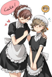 1boy 1girl absurdres alternate_costume amada_ken apron black_dress bonnet brown_hair closed_eyes closed_mouth crossdressing dress eca_leaf english_text enmaided flying_sweatdrops hair_between_eyes hand_on_another&#039;s_shoulder heart highres holding holding_tray maid maid_headdress open_mouth orange_eyes orange_ribbon persona persona_3 persona_3_portable ribbon shiomi_kotone short_sleeves simple_background speech_bubble trap tray waist_apron white_background