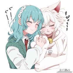 Rule 34 | 2girls, animal ears, animal hands, bell, belt collar, cat ears, cat paws, chapter number, closed eyes, closed mouth, collar, collared shirt, cropped torso, drawstring, green hair, green sweater vest, hair between eyes, hair intakes, hairband, heads together, highres, holding hands, hood, hoodie, kimi no koto ga dai dai dai dai daisuki na 100-nin no kanojo, long sleeves, medium hair, multiple girls, neck bell, necktie, nekonari tama, nemui nemu, ohananomitsu middle school uniform, open mouth, red necktie, saliva, scene reference, school uniform, shirt, short hair, side ahoge, simple background, sleeping, smile, sweater vest, utiponn, wavy hair, white background, white hair, white hairband, white hoodie, white shirt