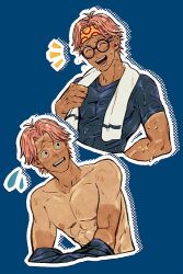 1boy abs black_pants blue_background cropped_torso glasses headband kalk0011 koby_(one_piece) male_focus multiple_views nipples one_piece open_mouth pants pectorals pink_hair round_eyewear short_hair sweat tan tanline toned toned_male towel towel_around_neck