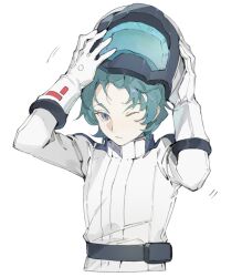 Rule 34 | 1boy, blue eyes, blue hair, bodysuit, gloves, gundam, helmet, highres, kamille bidan, looking at viewer, male focus, one eye closed, pilot suit, removing helmet, short hair, simple background, solo, space helmet, upper body, v-shaped eyebrows, white background, white bodysuit, white gloves, xing 20, zeta gundam