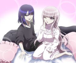 Rule 34 | barefoot, black shirt, brother and sister, feet, highres, looking at another, matching hair/eyes, open mouth, pajamas, pillow, pink eyes, pink hair, purple hair, shirt, siblings, the hundred line -last defense academy-, toes, tsukumo ima, tsukumo kako, twins