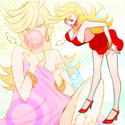 10s 1girl angel_wings balloon bent_over blonde_hair blue_eyes bracelet breasts chewing_gum cleavage condom condom_balloon condom_in_mouth dress e_richi earrings female_focus hanging_breasts high_heels jewelry kkt049 large_breasts legs long_hair long_legs lots_of_jewelry md5_mismatch mouth_hold necklace panty_&amp;_stocking_with_garterbelt panty_(psg) red_dress red_skirt resolution_mismatch shoes skirt solo source_smaller thighs wings