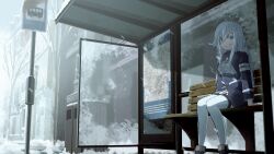 Rule 34 | 86 -eightysix-, absurdres, belt, bus stop, elinanoodles, feet out of frame, grey eyes, highres, looking to the side, military uniform, o-ring, o-ring belt, original, sitting, snow, solo, vladilena millize, white hair