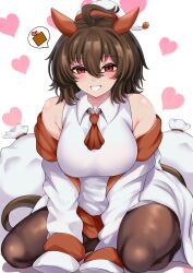 1girl agnes_tachyon_(umamusume) animal_ears ascot bare_shoulders blush breasts brown_ascot brown_eyes brown_hair brown_pantyhose coat collared_shirt ear_covers full_body grin hair_between_eyes hat heart highres hisagi_(hisagi00) horse_ears horse_girl horse_tail large_breasts long_bangs looking_at_viewer medium_hair open_clothes open_coat orange_skirt pantyhose sack santa_hat seiza shirt sitting skirt sleeveless sleeveless_shirt sleeves_past_fingers sleeves_past_wrists smile solo tail umamusume white_coat white_hat white_shirt