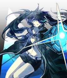 Rule 34 | arm cannon, bikini, black coat, black hair, black rock shooter, black rock shooter (character), black shorts, blue eyes, blue fire, coat, echocyan, fire, flaming eye, glowing, glowing eye, highres, long hair, open clothes, open coat, pale skin, rock cannon, shorts, swimsuit, twintails, uneven twintails, weapon