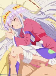 1boy 1girl absurdres aurora_sya_lis_kaymin bed blunt_bangs blush bow closed_eyes clothed_female_nude_male clothes_pull commentary english_commentary eufoniuz headband highres long_hair lying maou-jou_de_oyasumi navel nude on_bed on_side pajamas parted_lips penis pillow pov pov_crotch purple_hair red_bow sex shorts shorts_pull sleep_molestation sleeping subscribestar_logo subscribestar_username thighs vaginal very_long_hair watermark web_address yellow_headband
