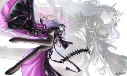 absurdres breasts crown frills gloves goddess_of_victory:_nikke high_heels highleg highres latex latex_leotard leotard long_hair modernia_(nikke) modernia_(second_affection)_(nikke) open_mouth red_eyes ronal_1710 see-through_clothes thighhighs white_hair zoom_layer